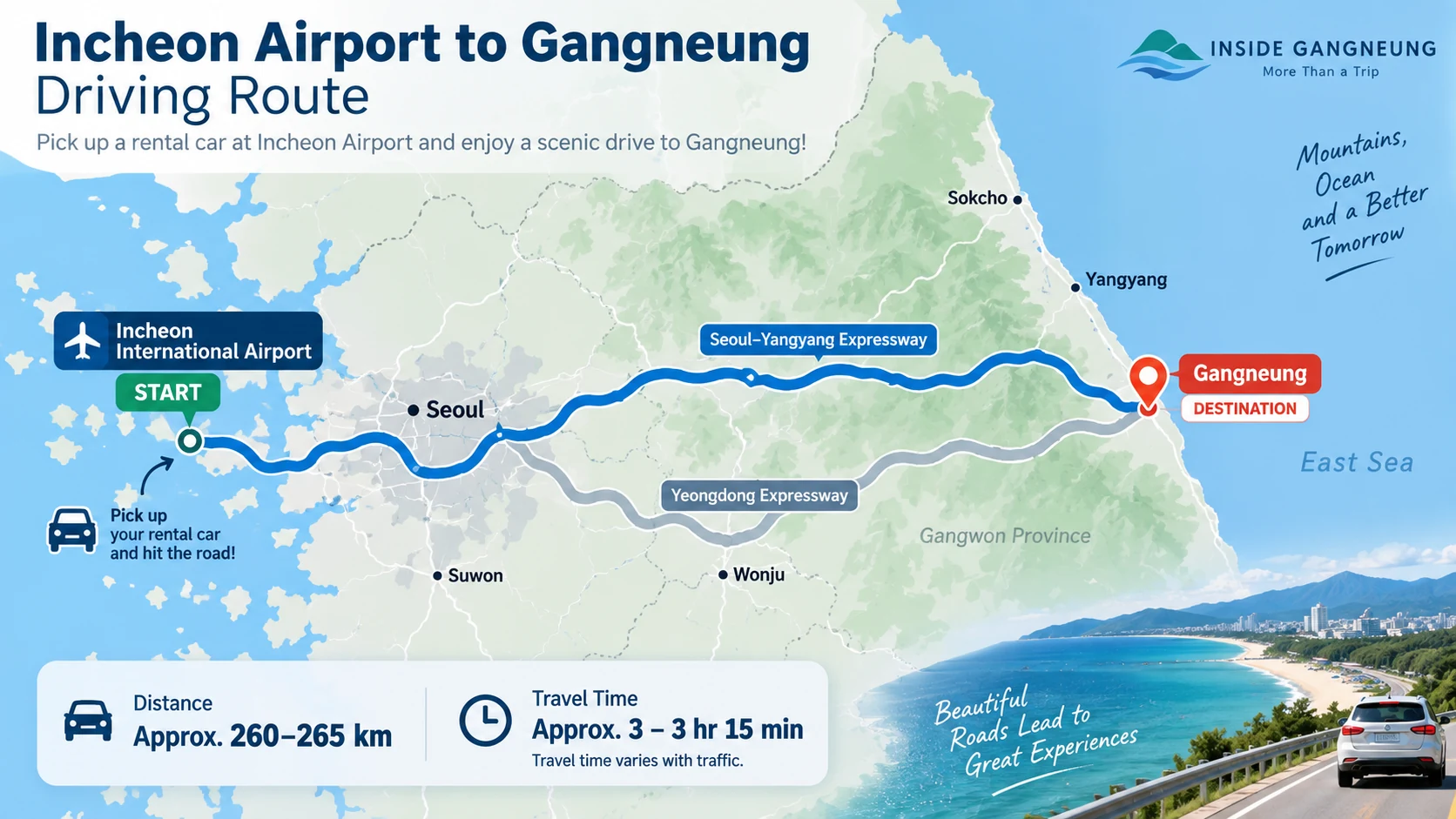 Map showing the driving route from Incheon International Airport to Gangneung