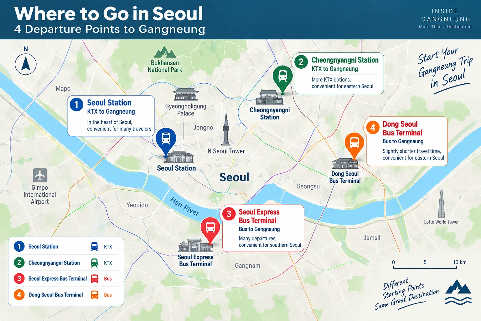 Map of Seoul KTX stations and bus terminals for Gangneung