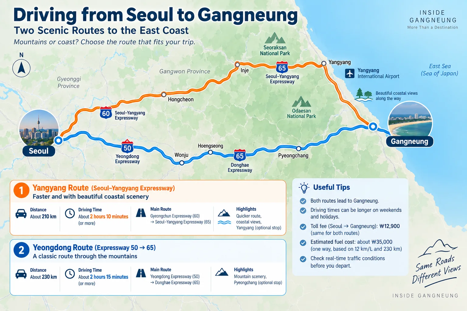 Driving routes from Seoul to Gangneung via Yeongdong and Seoul Yangyang expressways