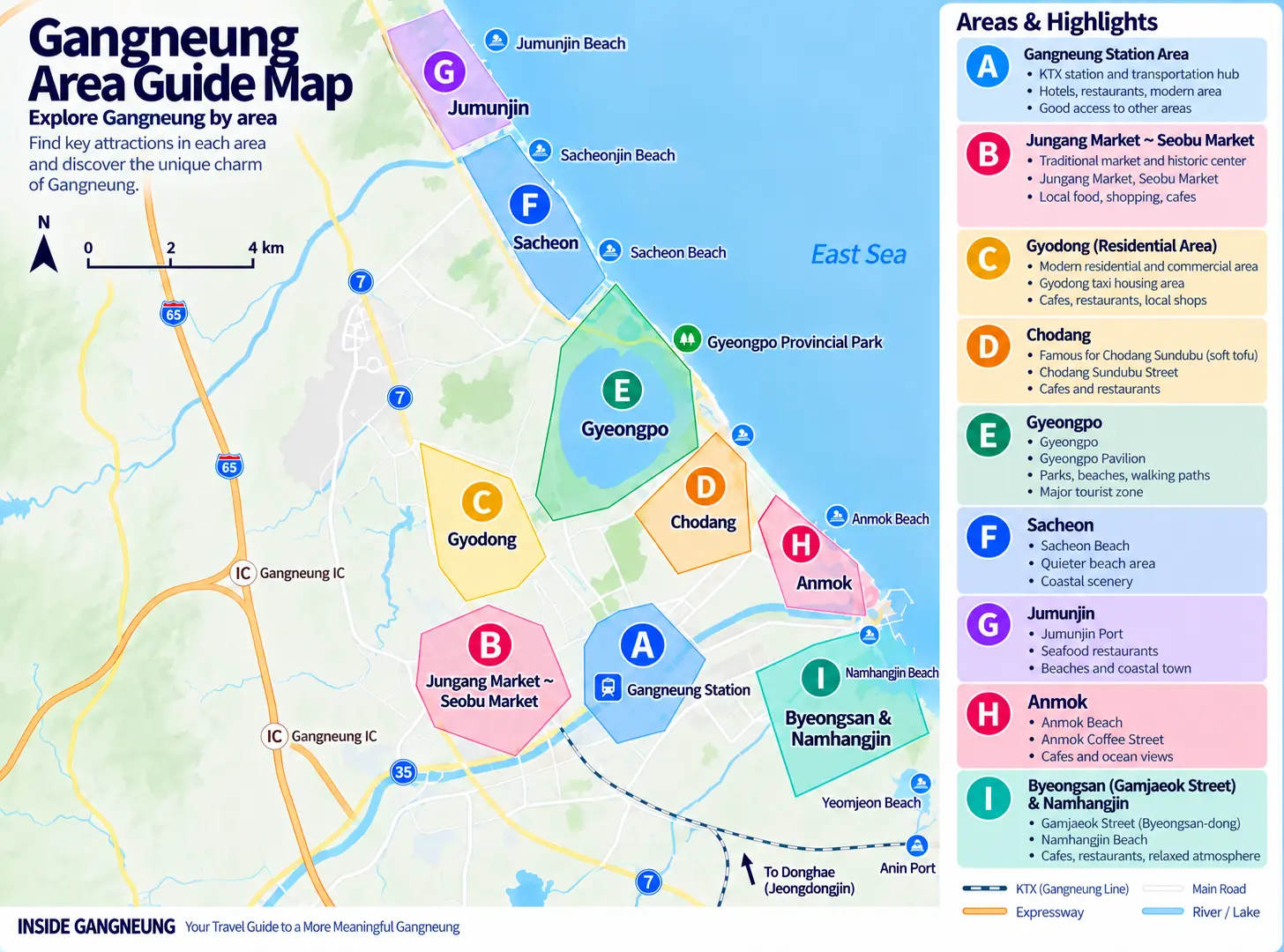 Map of Gangneung showing nine main travel areas for visitors