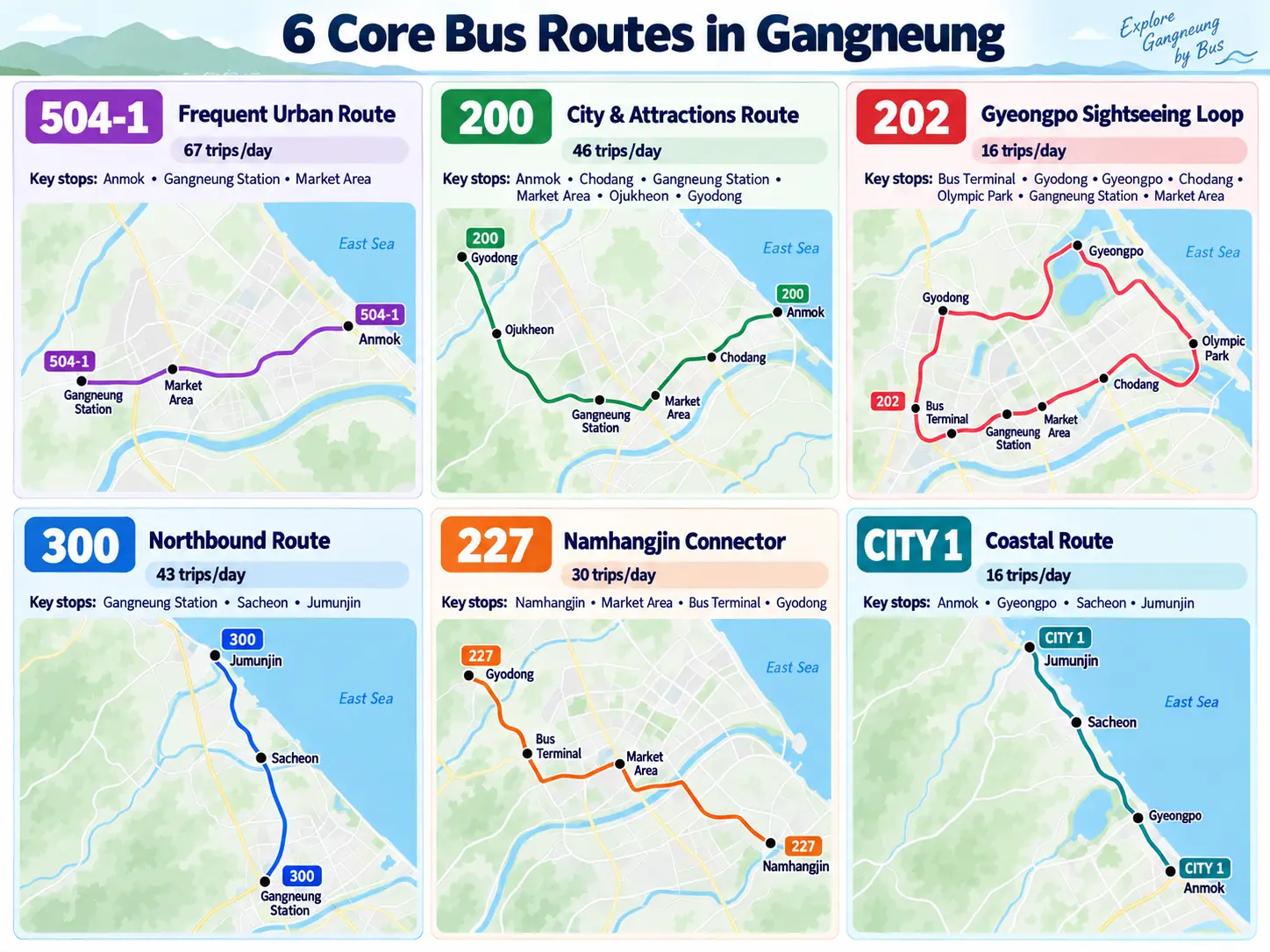 Six useful Gangneung city bus routes connecting major tourist areas
